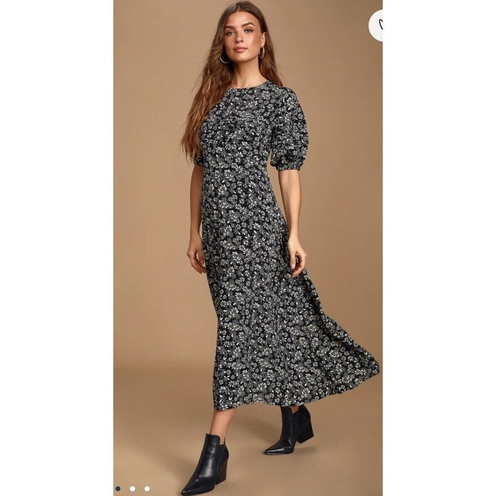 Free People Womens Black‎ Short Sleeve Floral Print Zip Prairie Dress Size 6